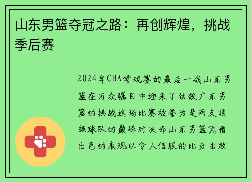 山东男篮夺冠之路：再创辉煌，挑战季后赛